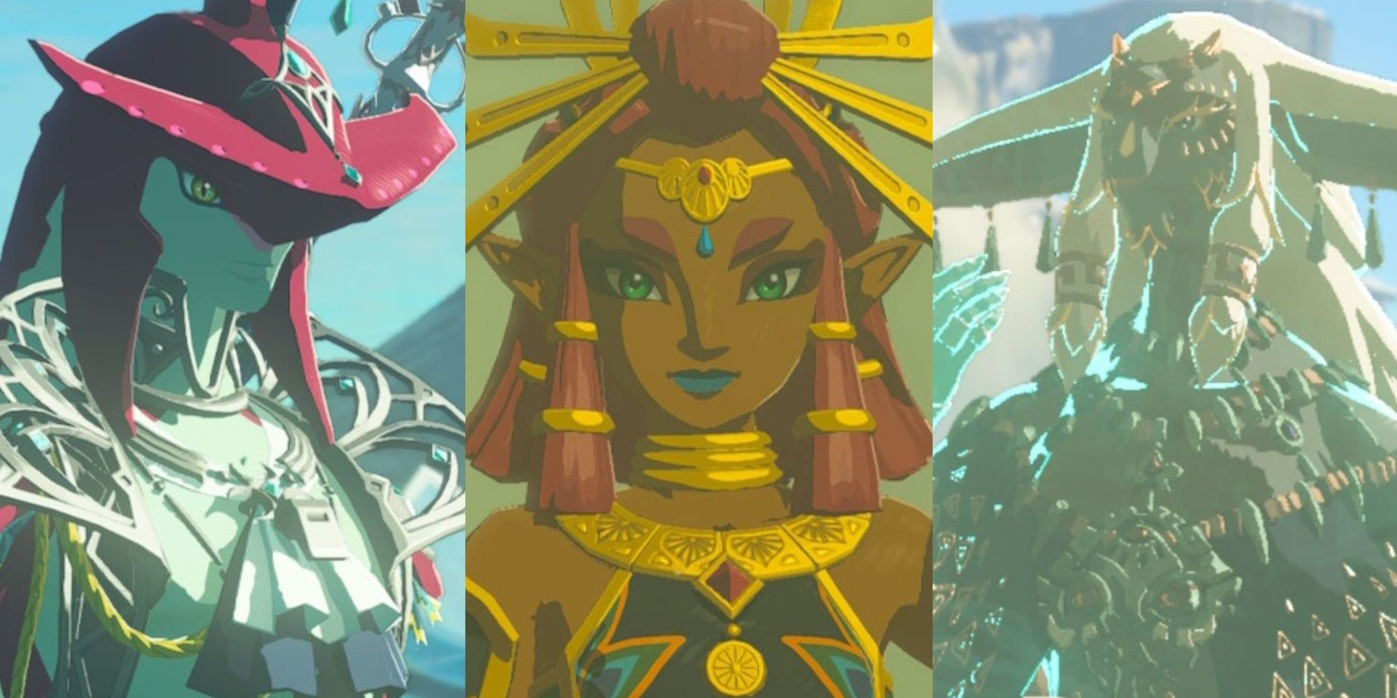 Split images of Sidon, Riju, and Rauru in The Legend of Zelda: Tears of the Kingdom.