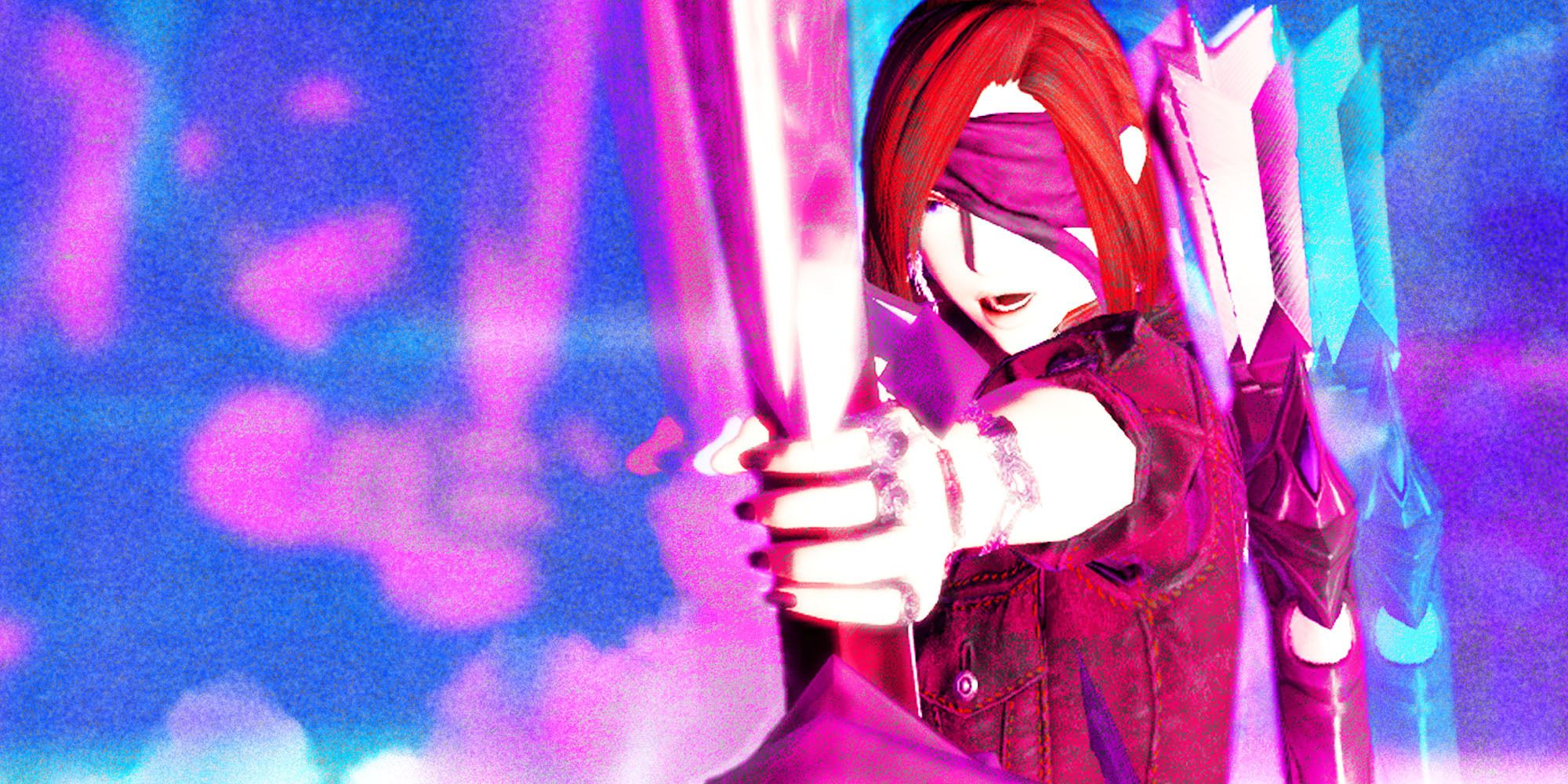A bard player in Final Fantasy 14 with a strange pink and red hue.