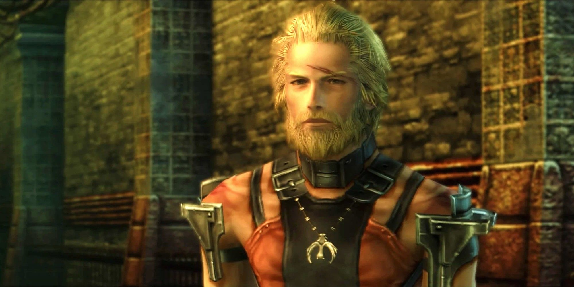Basch stands in a brick hallway with a scar on his face