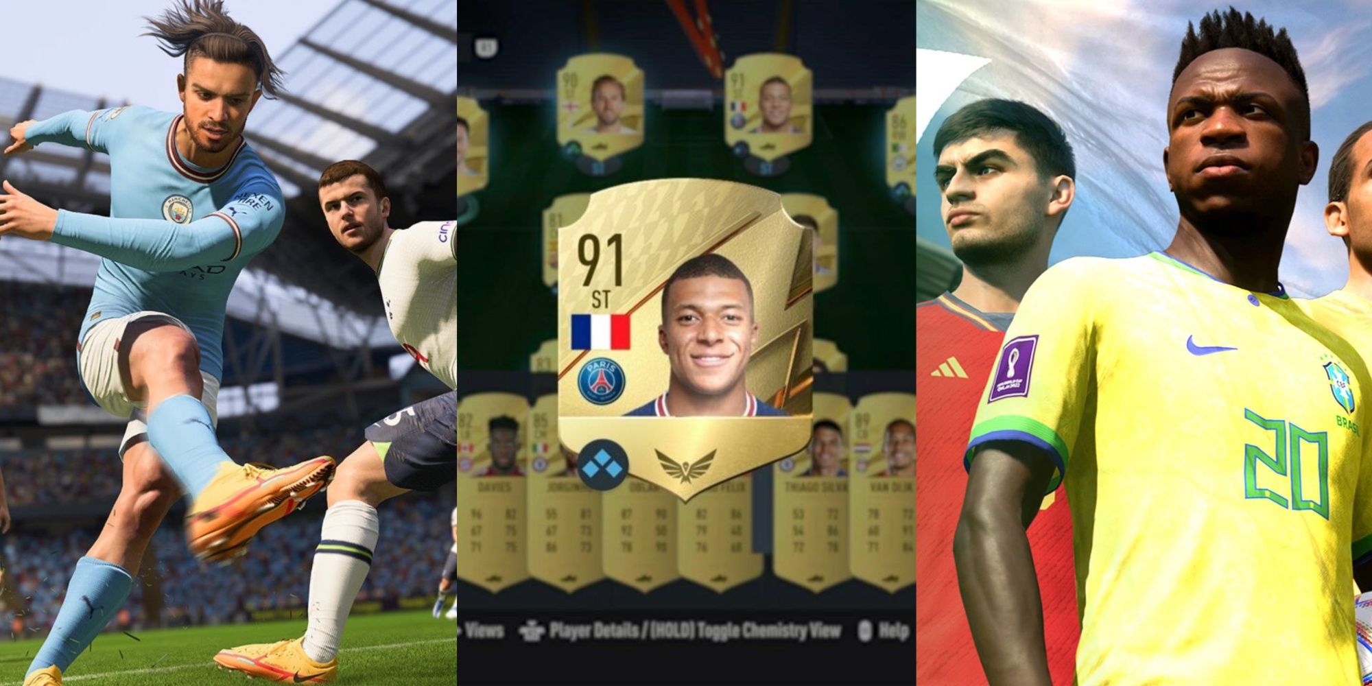 Jack Grealish strikes a ball in FIFA 23. Mbappe's gold card on a FUT team. Pedri and Vinicius pose next to each other.