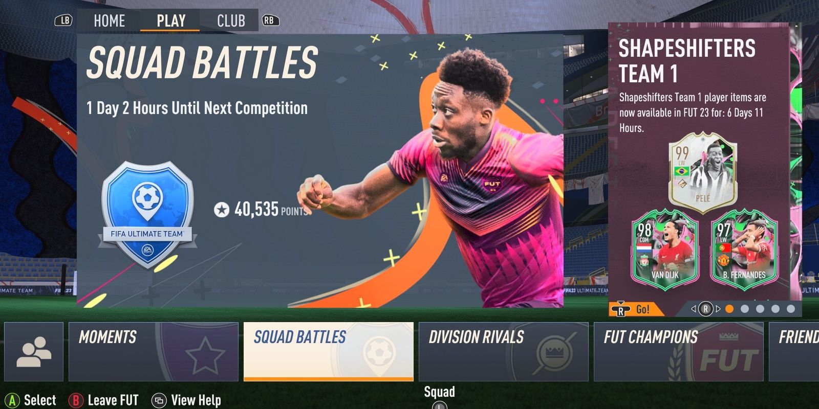 The remaining time for weekly Squad Battles displayed in the menu of FIFA 23.