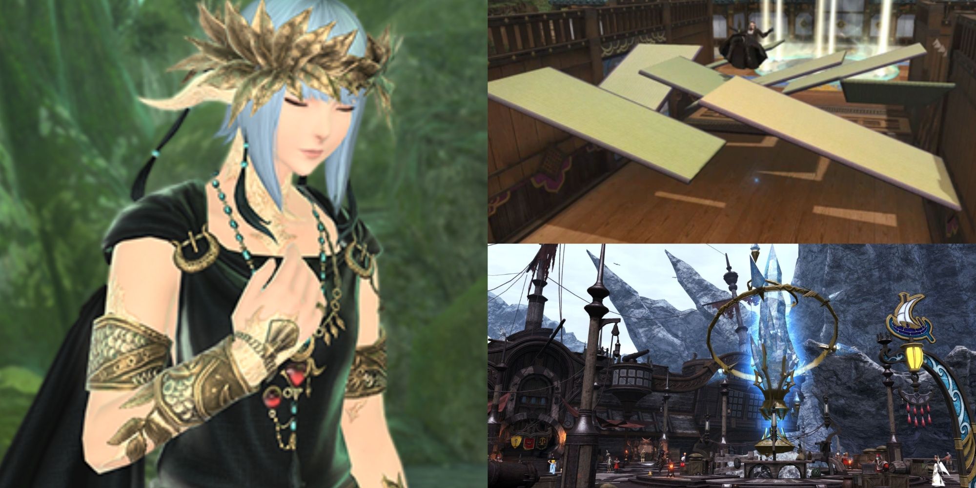 A collage of images of PvP areas, matches, and rewards from Final Fantasy 14