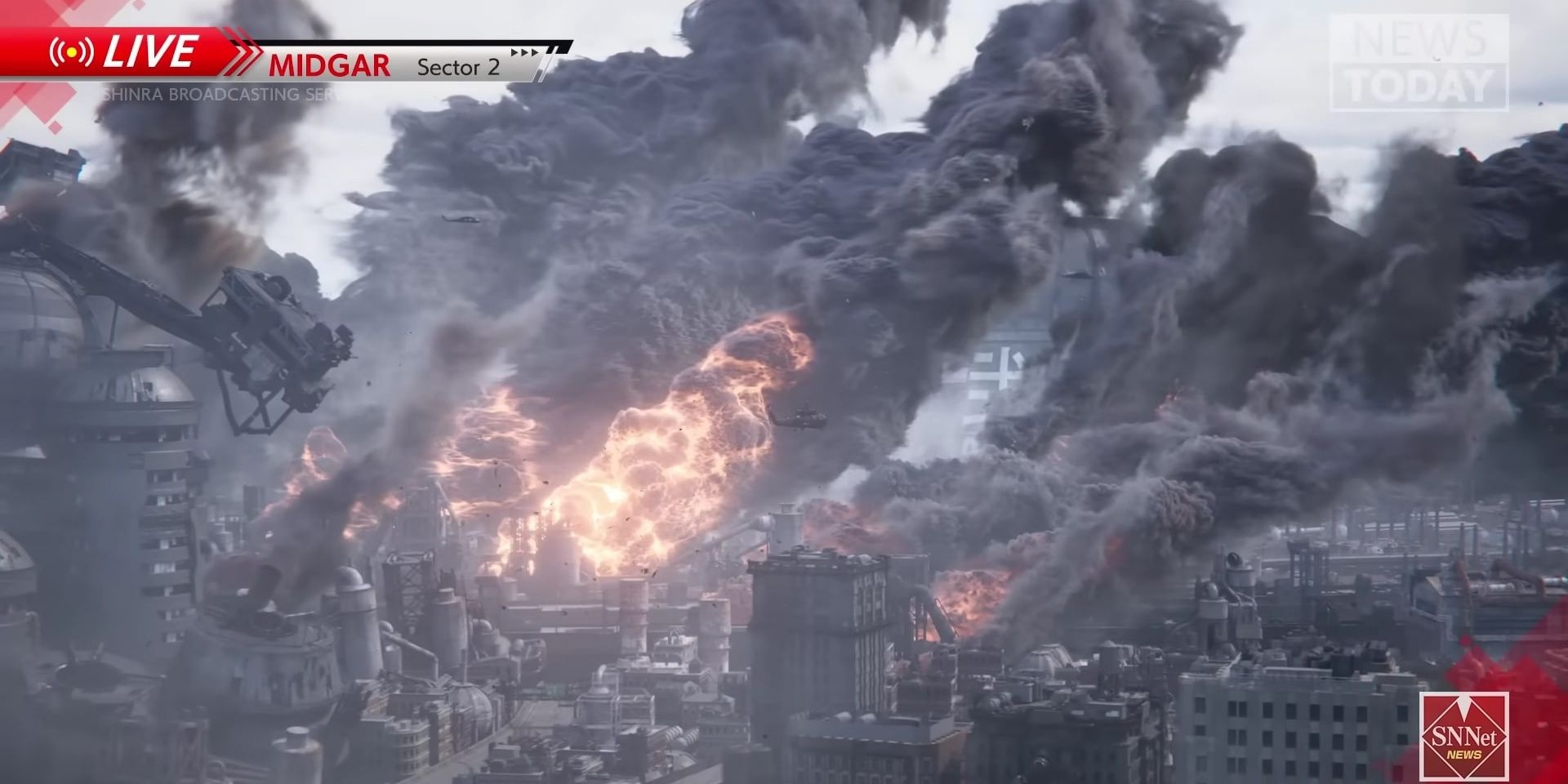Clouds of smoke from Final Fantasy 7 Rebirth drifting across the destroyed sectors of Midgar
