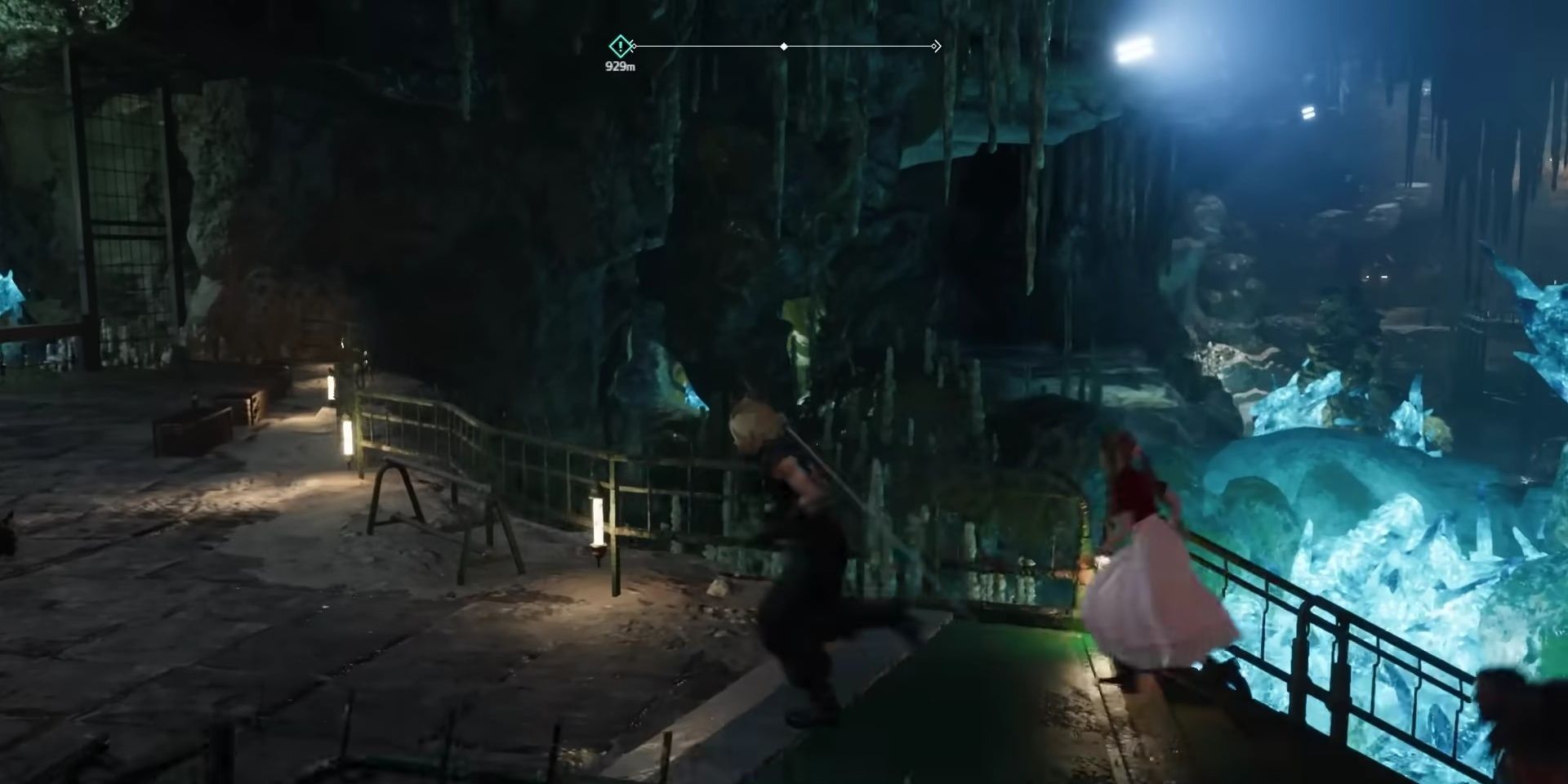 Final Fantasy 7 Rebirth Cloud, Aerith and Barret run through the expanded Mythril Mine
