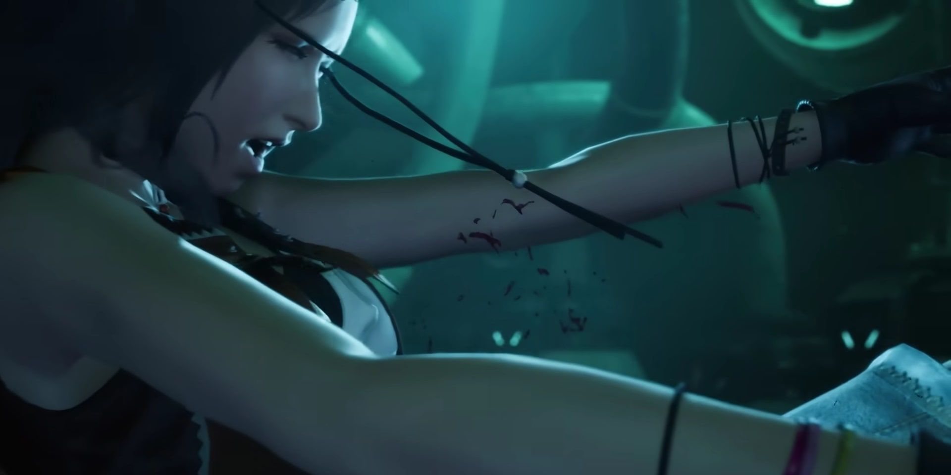 Final Fantasy 7 Rebirth Tifa falls back in the Nibelheim reactor after being attacked by Sephiroth
