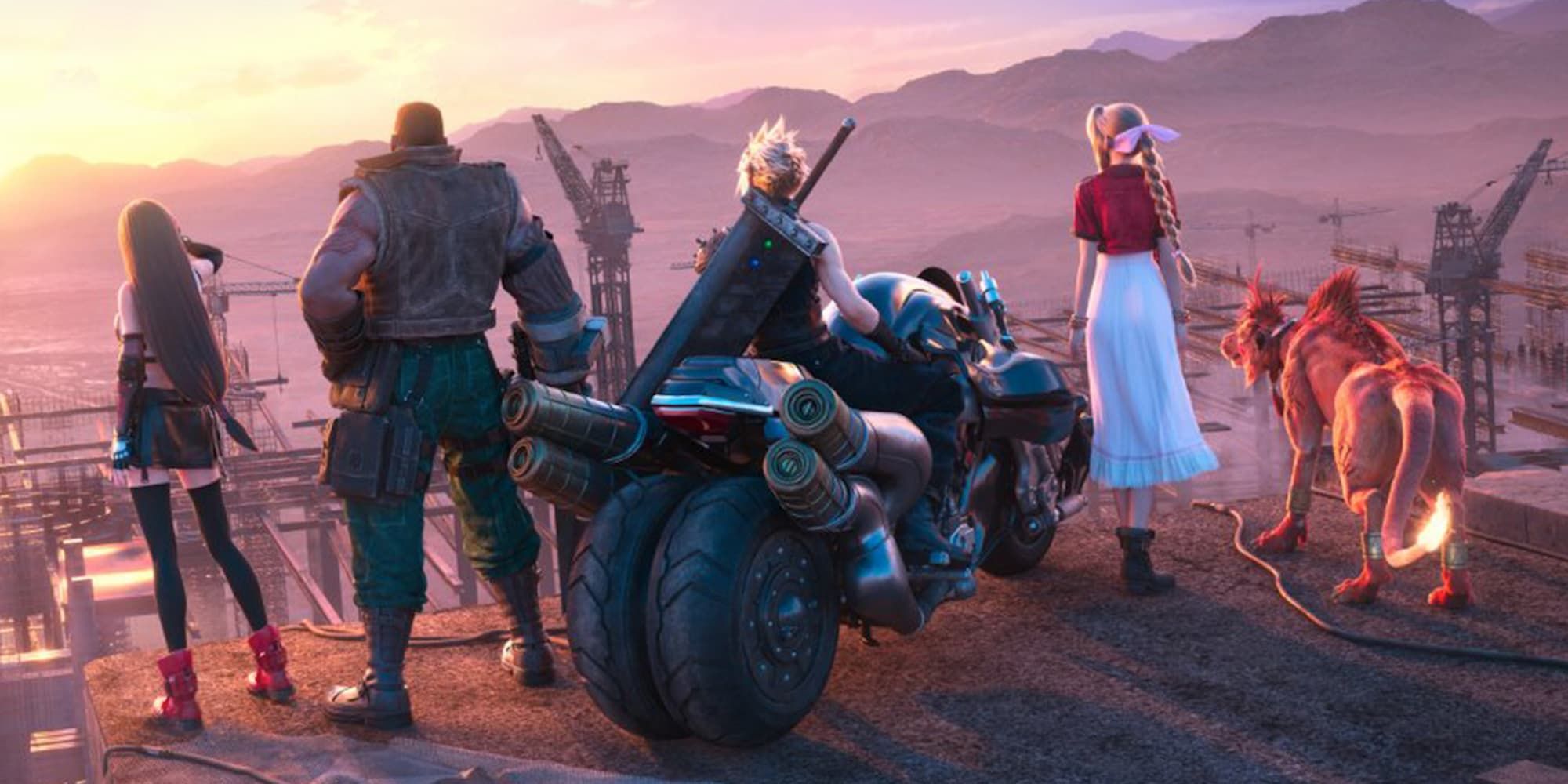 The group of characters in Final Fantasy 7 Remake Intergrade stand near a cliff's edge, overlooking a construction zone, with Cloud on a motorcycle.