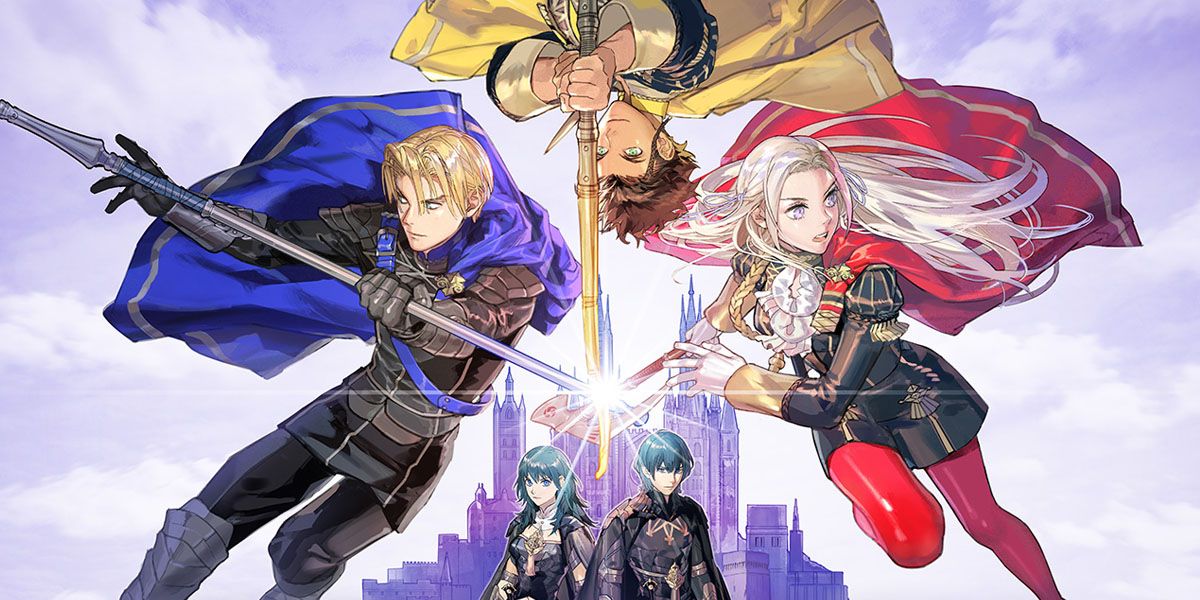 Promo image from Fire Emblem: Three Houses showing the three class representatives surrounding the protagonist, Byleth, shown in both male and female variants.