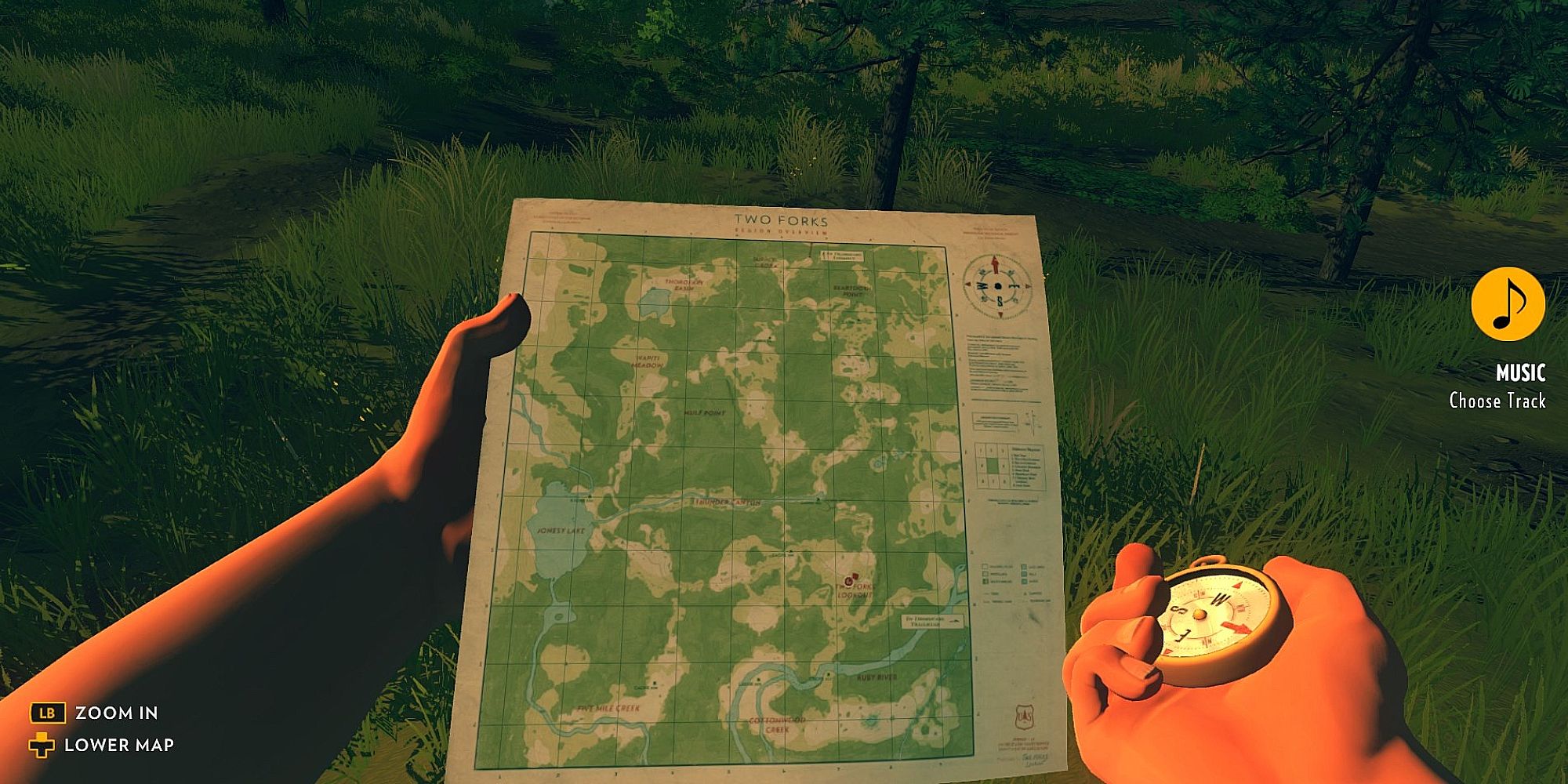 A first-person view of a man holding a map and compass in Firewatch