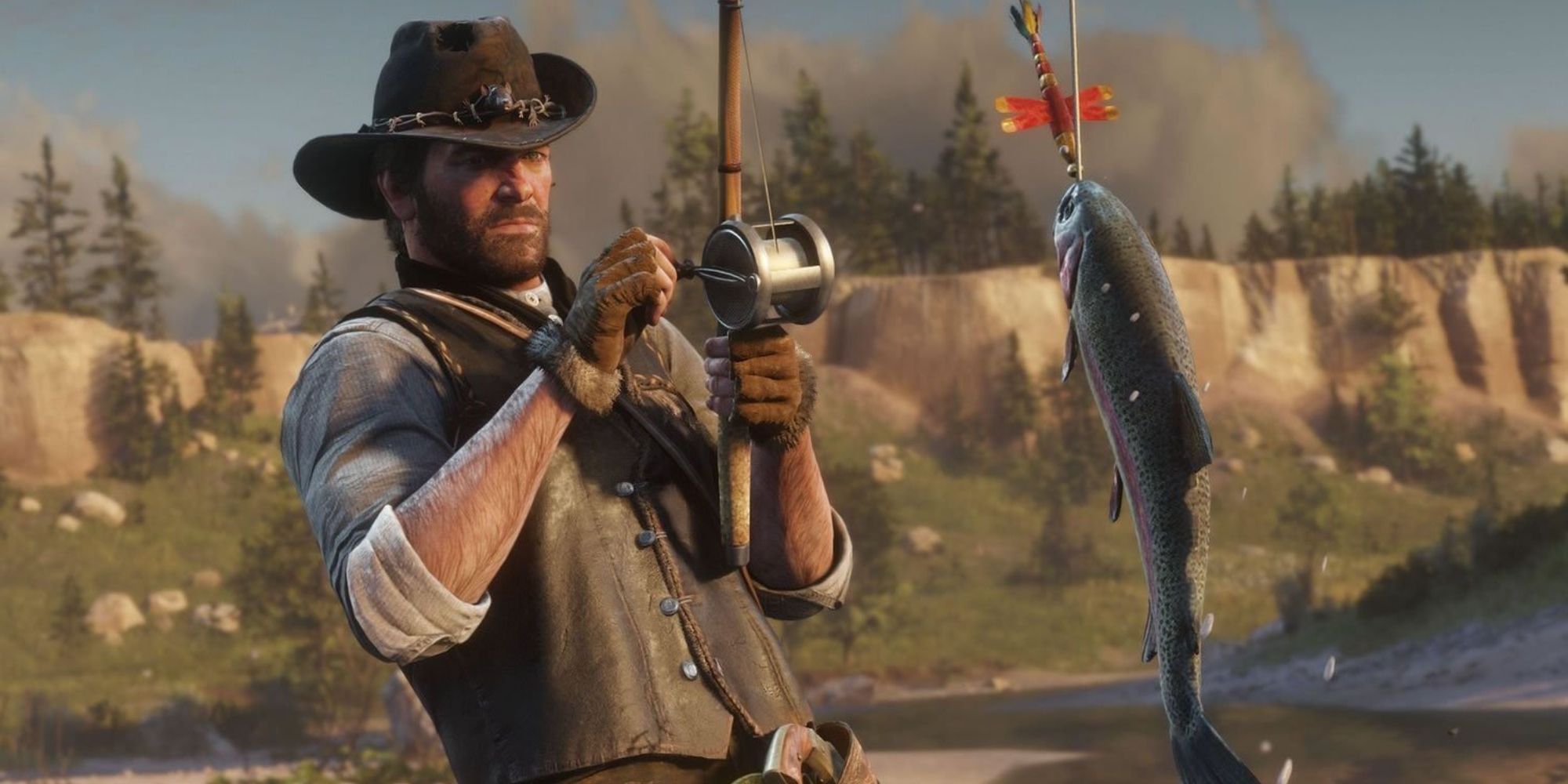 An image of Arthur Morgan pulling up a large fish from a river in Red Dead Redemption 2