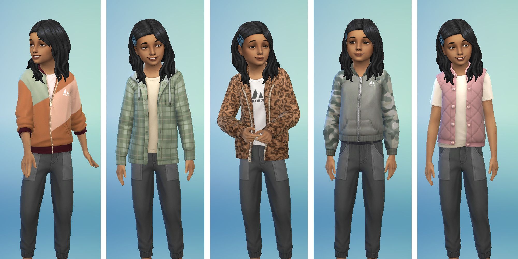 Five images of a child Sim from The Sims 4 wearing a different jacket in each image