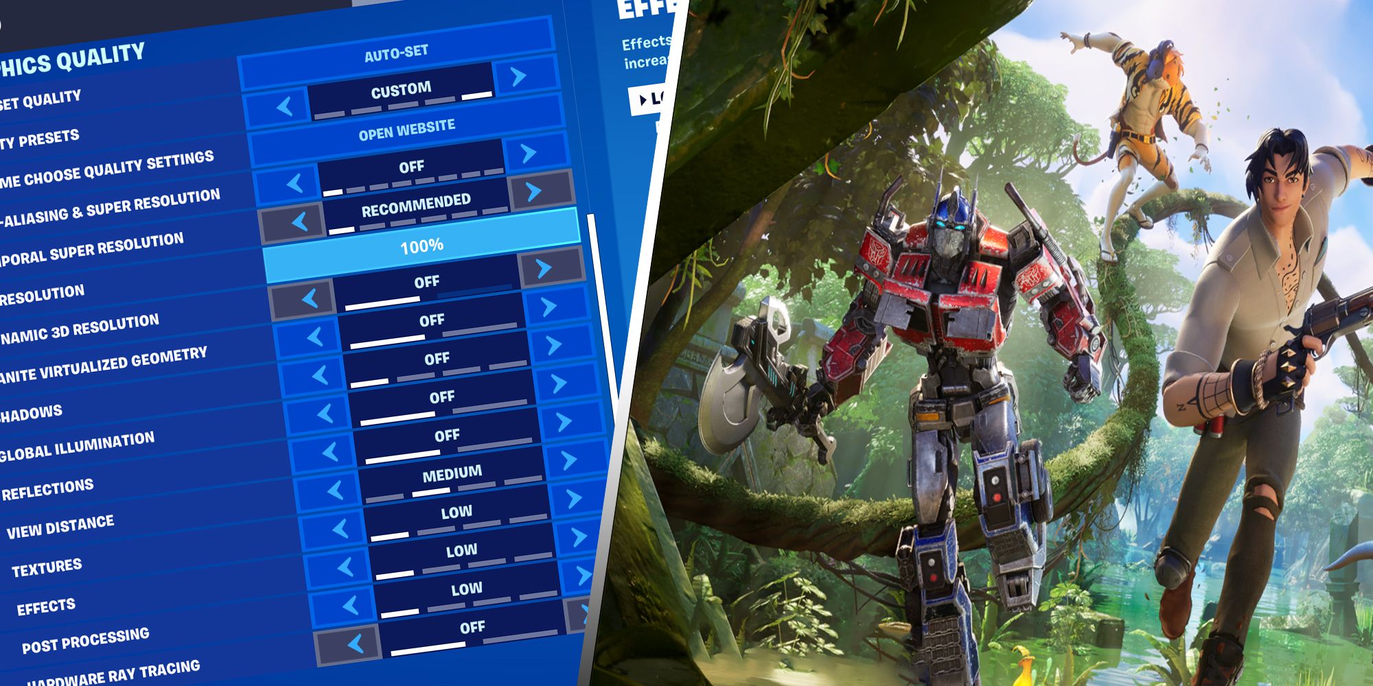 A split image showing the graphic quality settings on the left and a promotional art showing Optimus Prime and other characters on the right.
