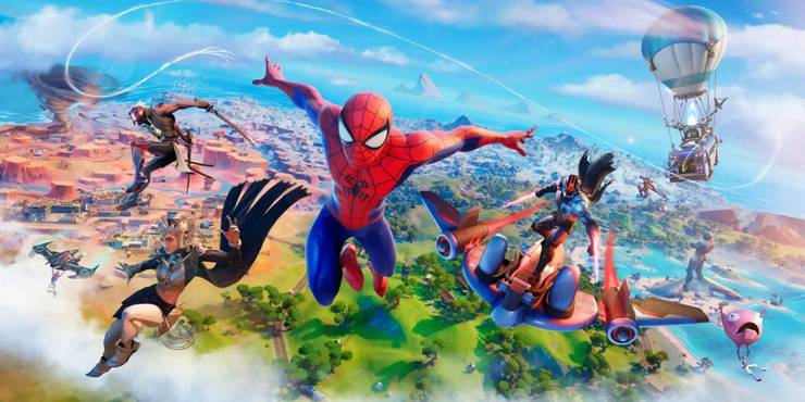 Fortnite promo art showing Spider-Man slongside other Fortnite skins above the game's map which has distict areas mashed into one playfield.