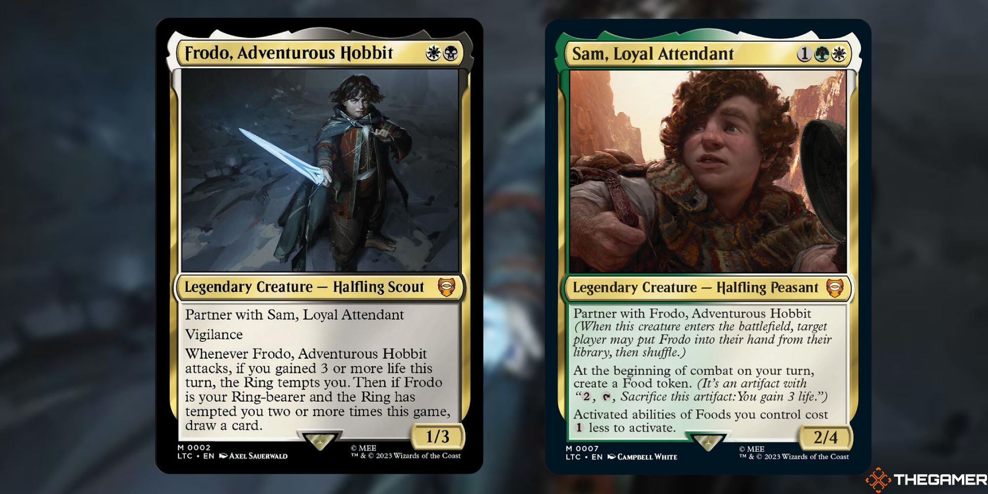 Image of the Frodo, Adventurous Hobbit and Sam, Loyal Attendant card in Magic: The Gathering, with art by Axel Sauerwald and Campbell White