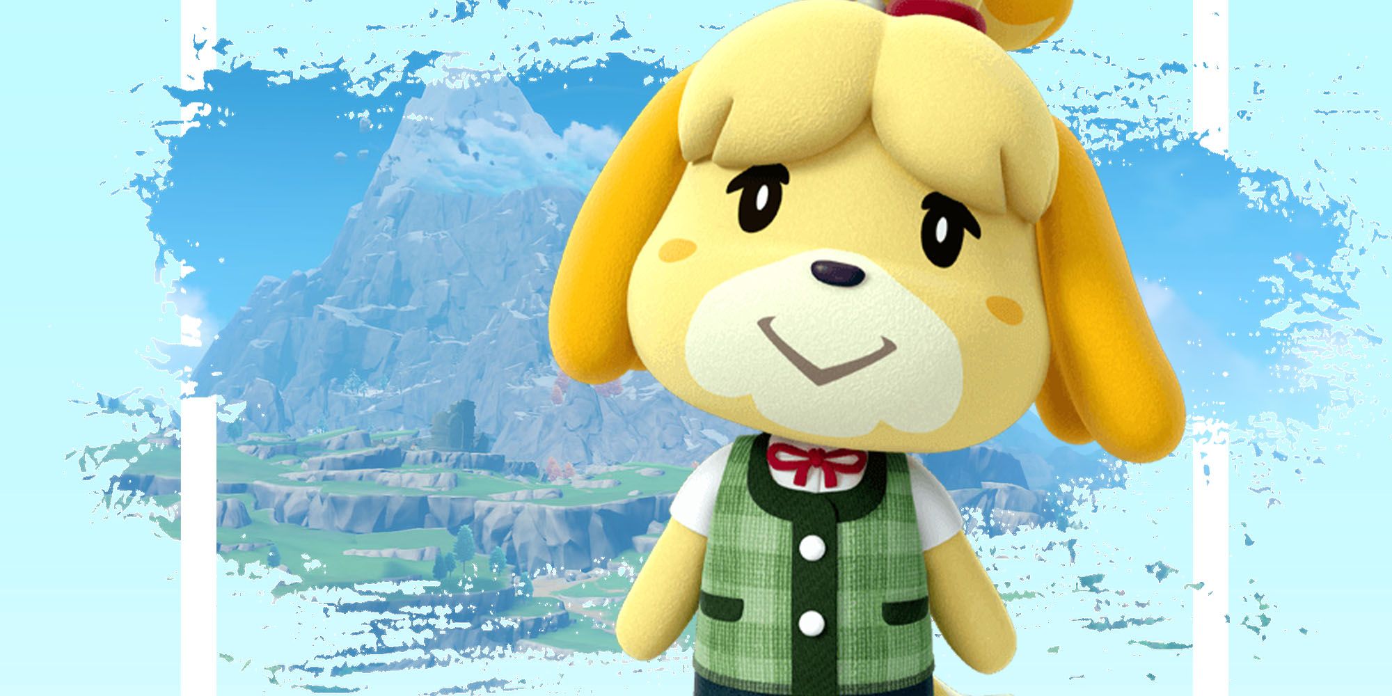 Genshin Impact mountain with Isabelle from Animal Crossing over the top