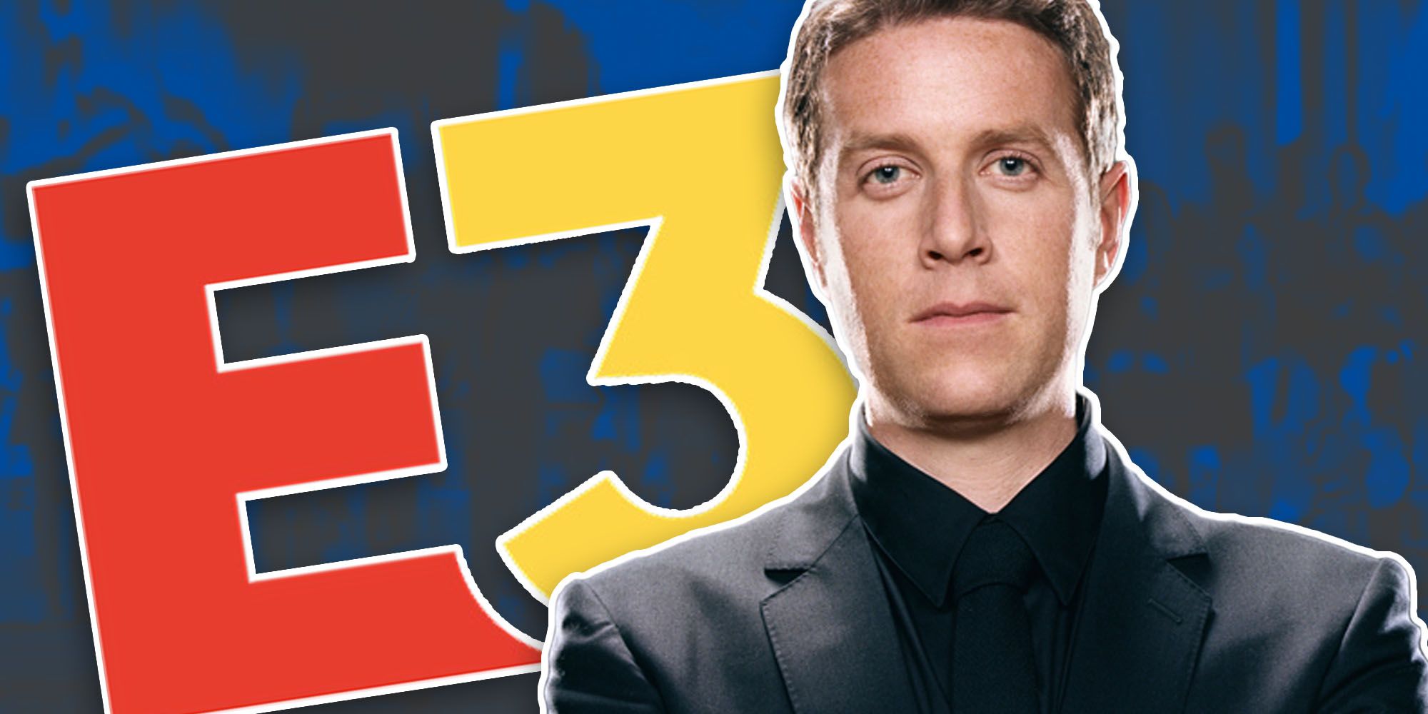Geoff Keighley in front of the E3 logo