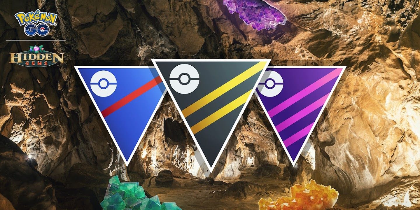 The Pokemon Go Great League, Ultra League, and Master League logos with a cave background