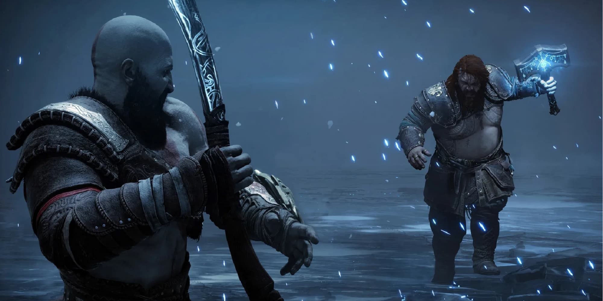 Kratos stands his ground, with his axe, as Thor runs towards him with his hammer in God Of War Ragnarok.