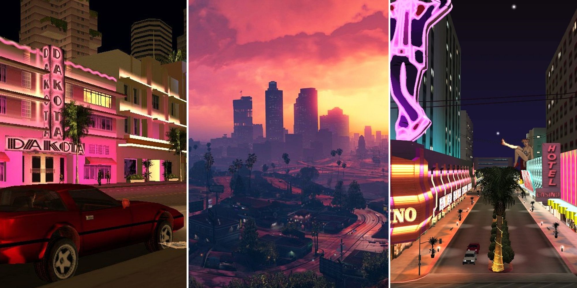 A collage of colourful images featuring a neon lit street, a skyline at sunset and another street of neon