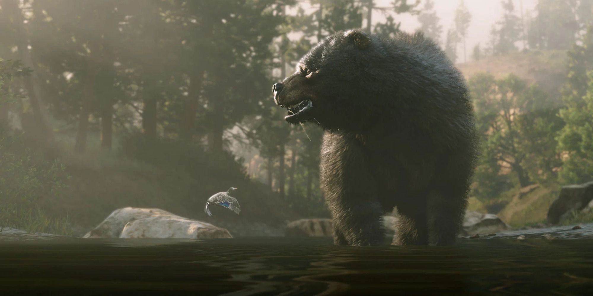 An image of a Grizzly Bear from Red Dead Redemption 2, hunting for fish in a lake. 