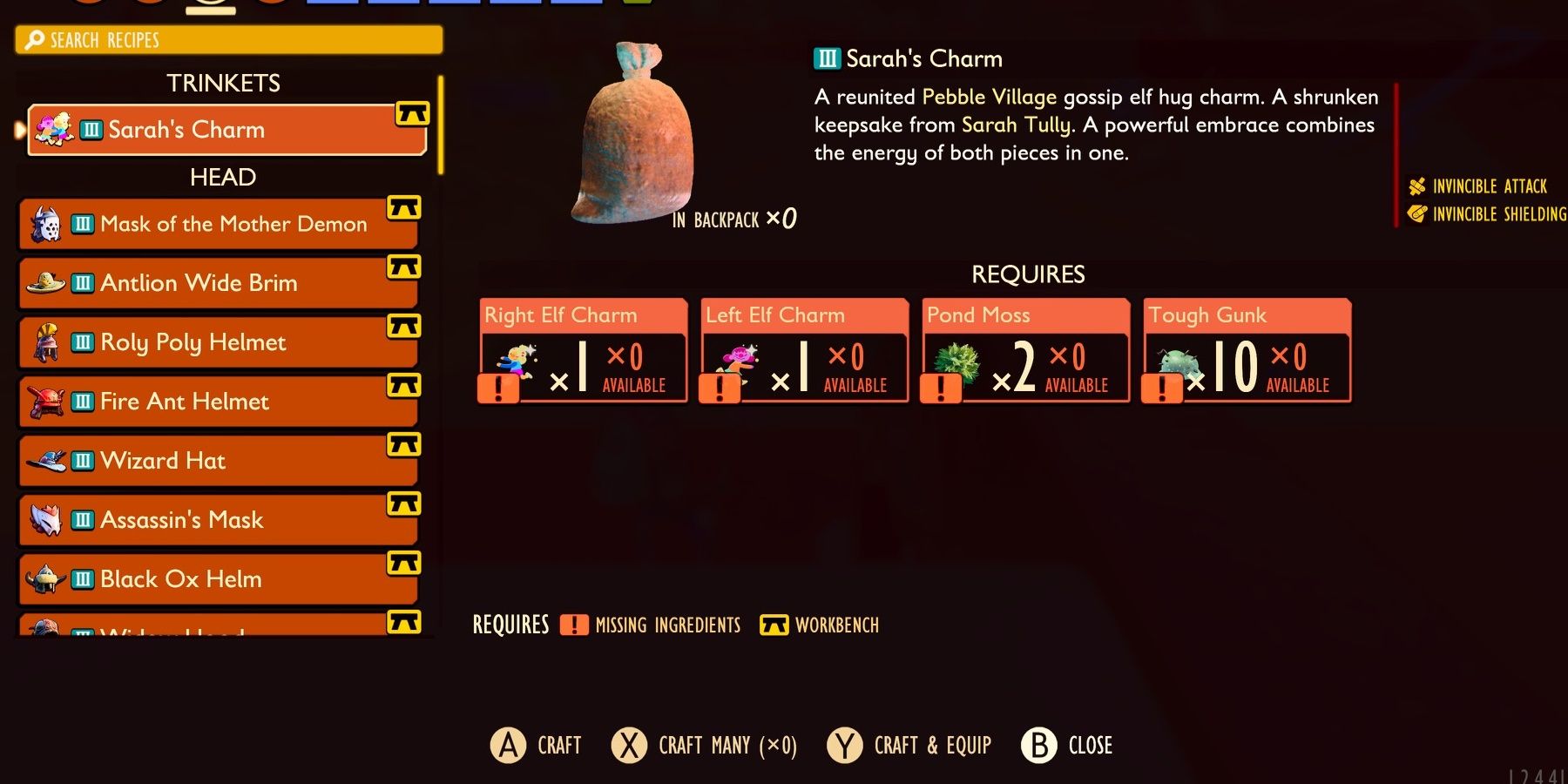 Sarah's Charm and its crafting requirements listed in the inventory menu in Grounded.