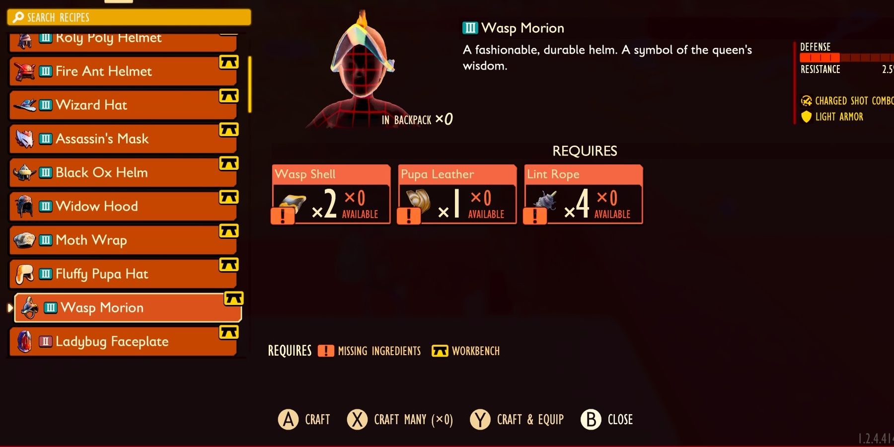 The Wasp Morion helmet in the inventory in Grounded.
