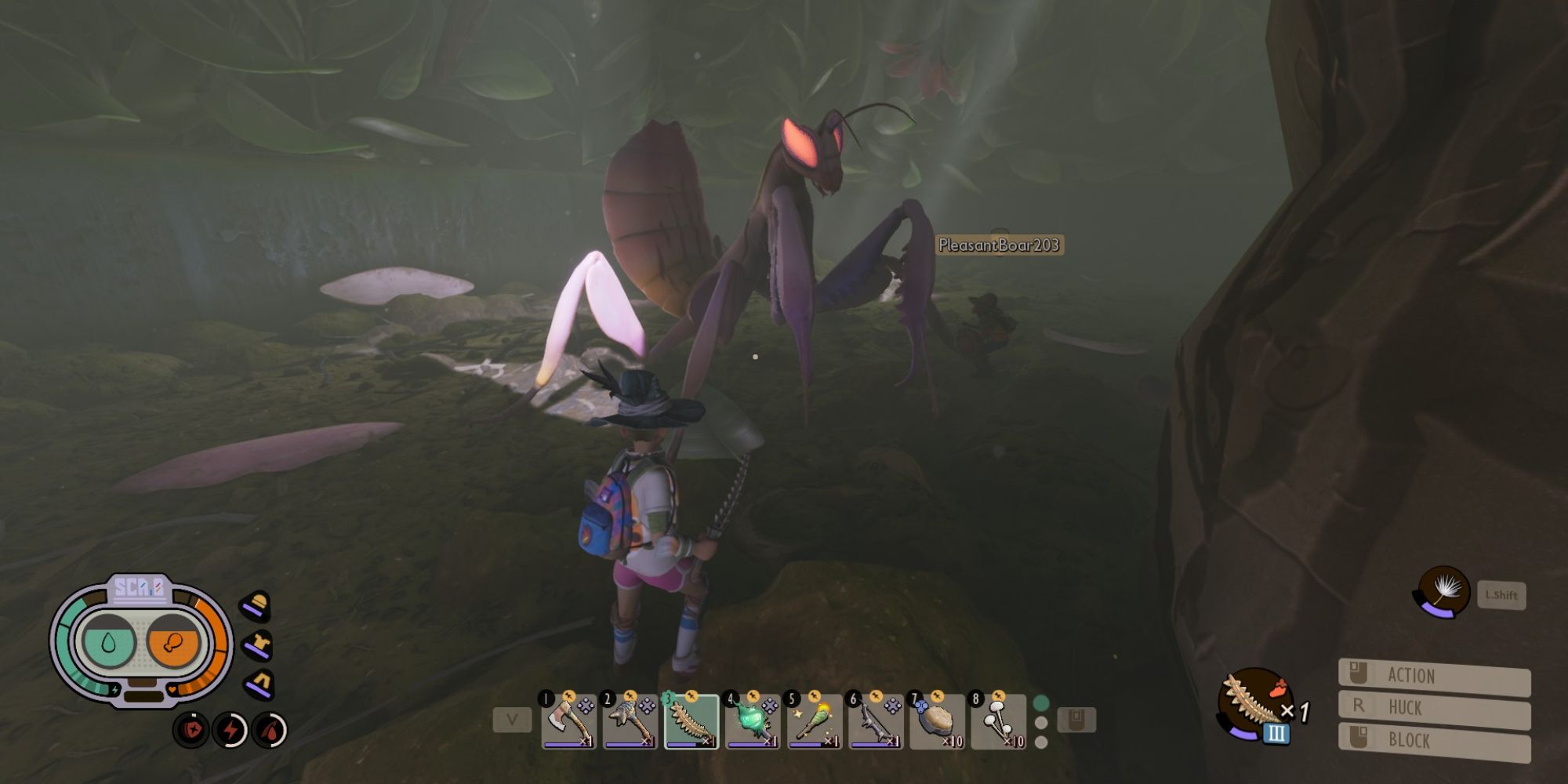 Two players fighting mantis in Grounded.