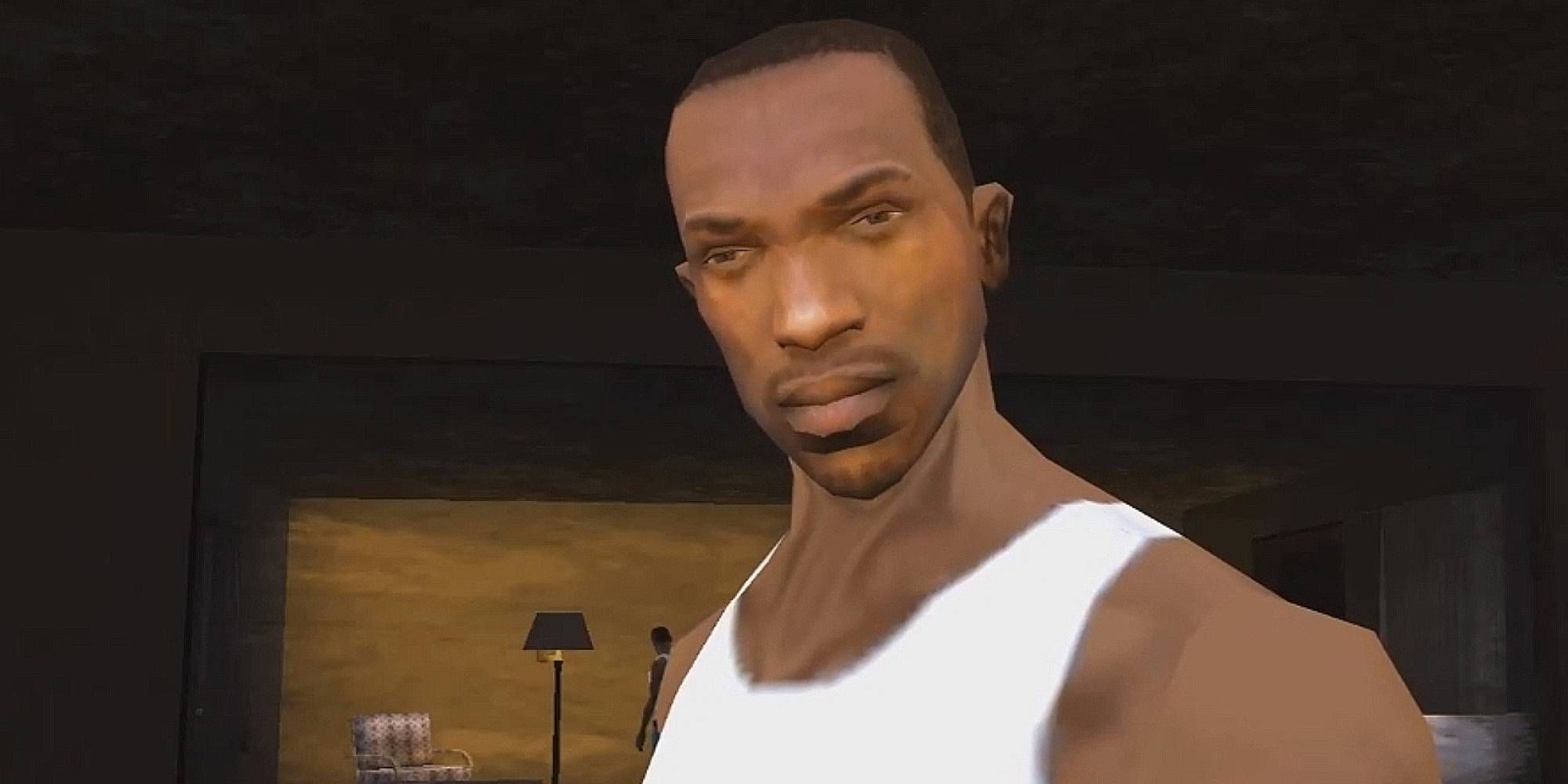 Carl Johnson from Grand Theft Auto: San Andreas stands in a small living room