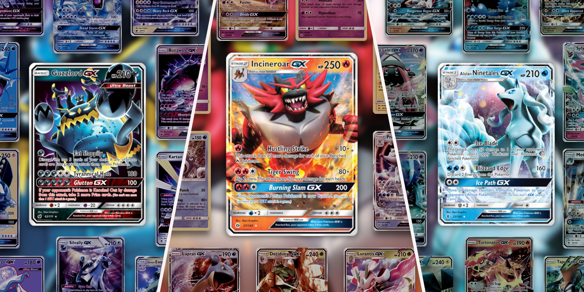 Guzzlord GX with Sun & Moon Crimson Invasion Cards, Incineroar GX and Sun & Moon Cards, and Ninetails GX with Sun & Moon Guardians Rising