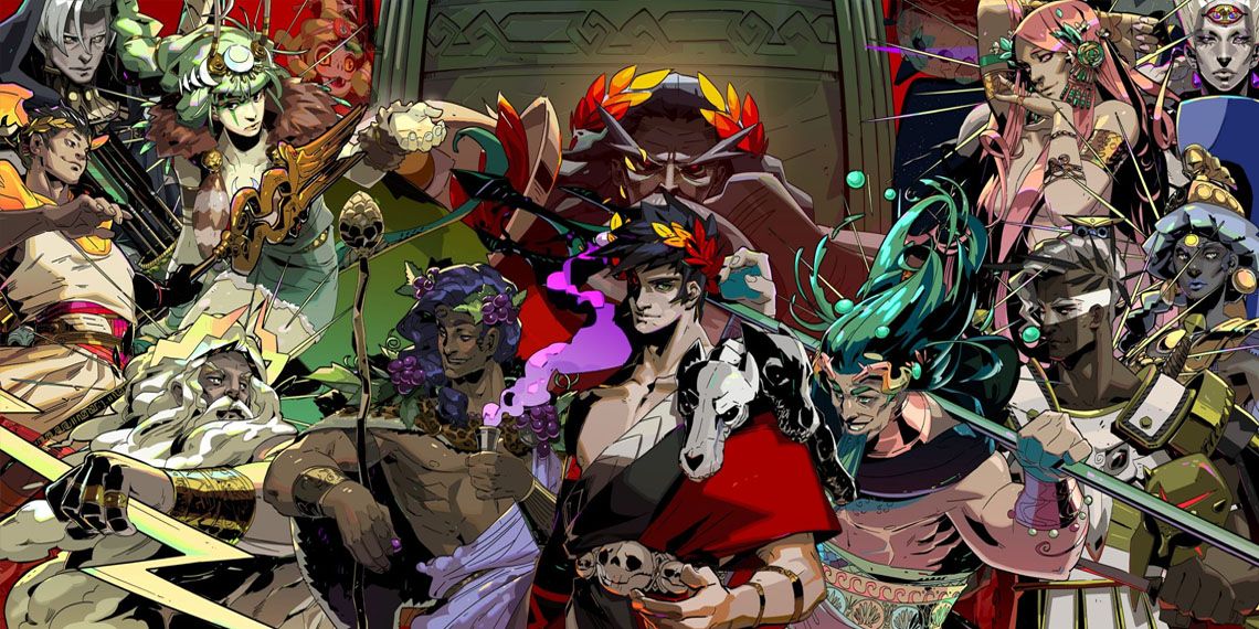 Hades' entire cast of mostly queer gods smooshed up against onme another for a stylised group photo.