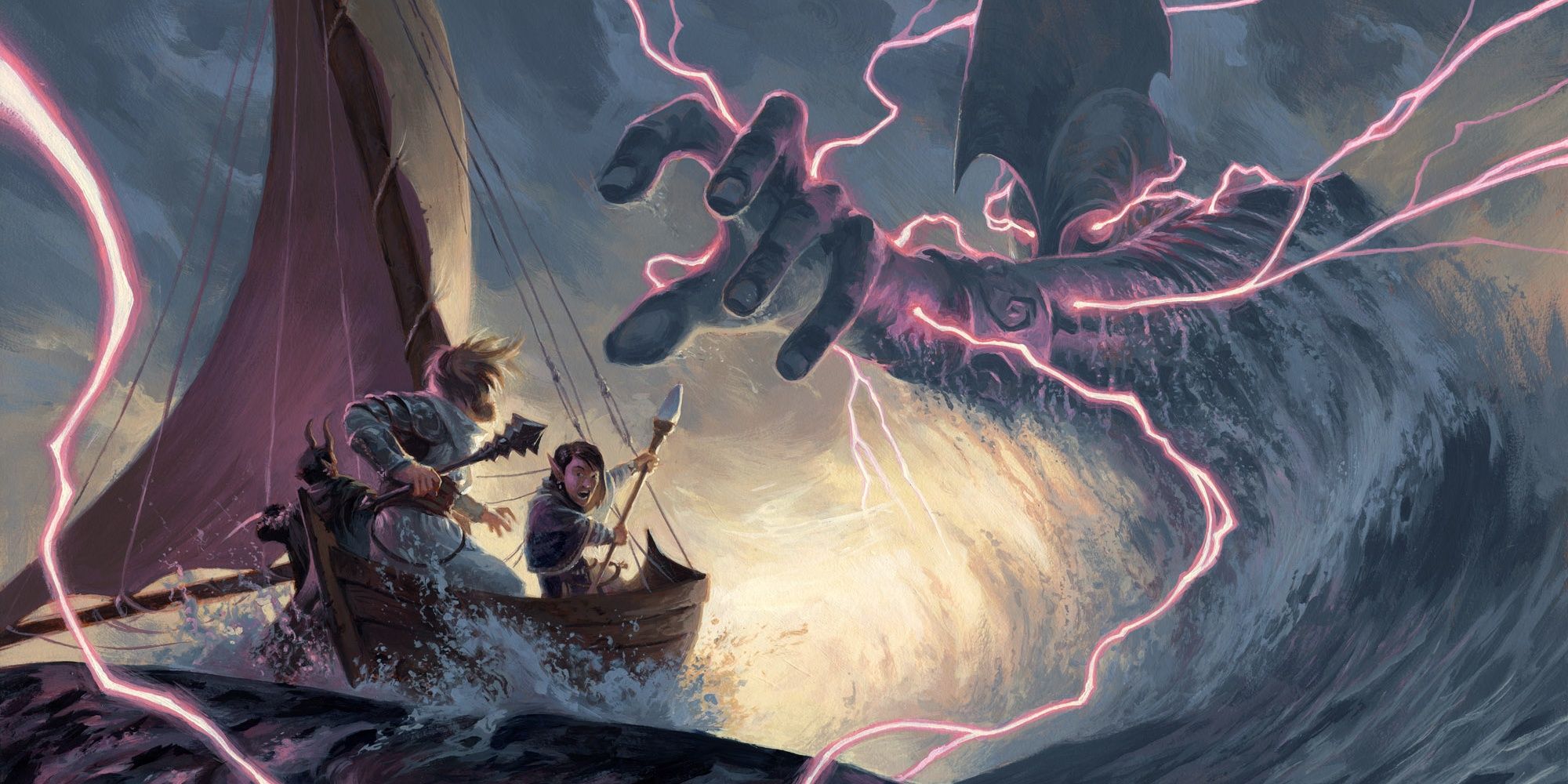Water giant reaches for boat and lightning crackles