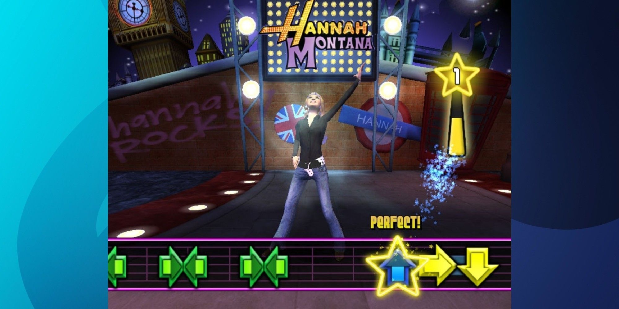 Hannah Montana is dancing on stage with the rhythm game UI at the bottom of the screen