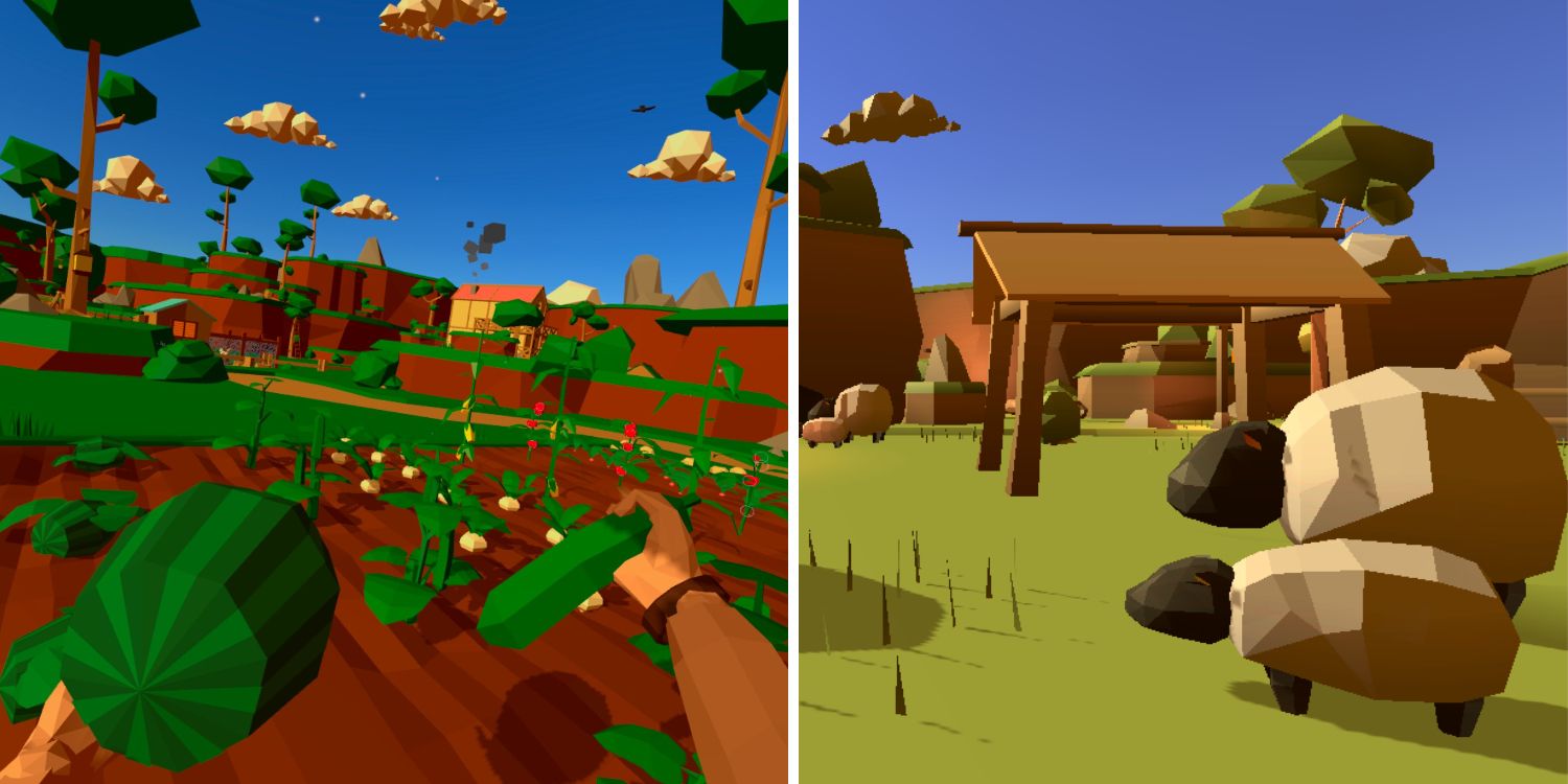 Harvest VR: Player collecting crops on a field - Sheep on a ranch.