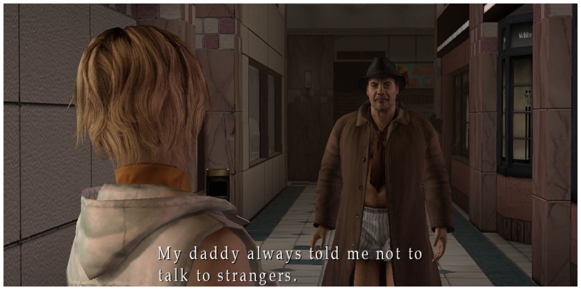 Heather talking to Douglas, who is wearing his extra outfit in Silent Hill 3.