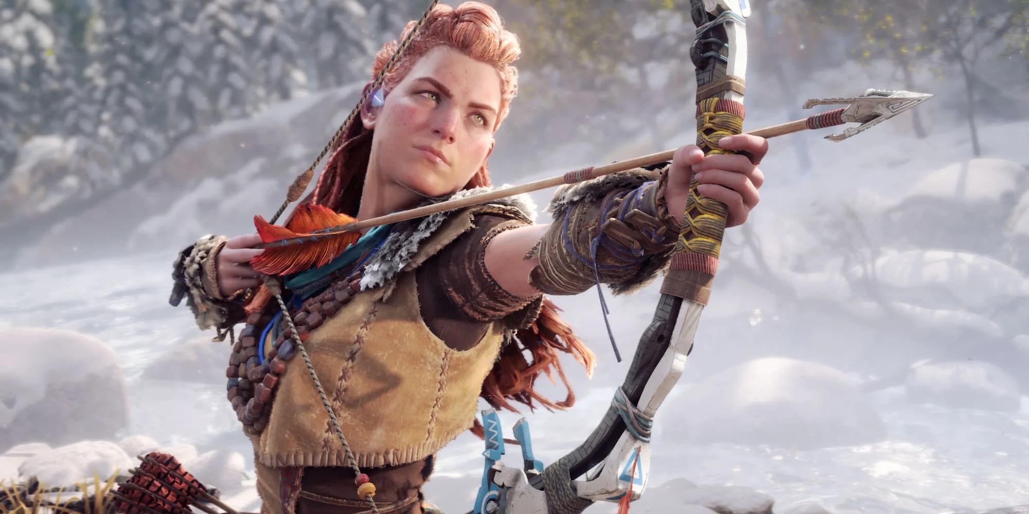 Aloy draws her bow and aims an arrow in Horizon Forbidden West.