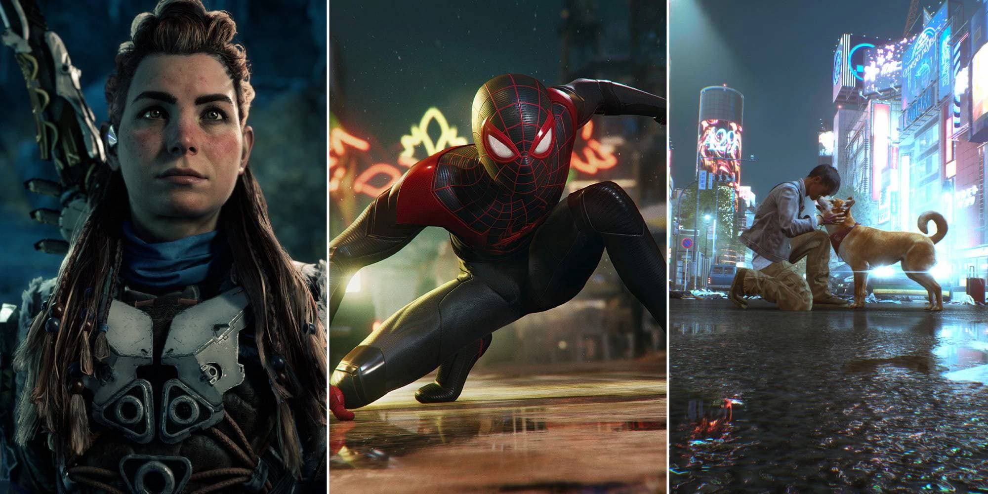 Aloy looks on in Horizon Forbidden West, Miles Morales lands on the street in Marvel's Spider-Man: Miles Morales, and a man pets a dog in Ghostwire: Tokyo.