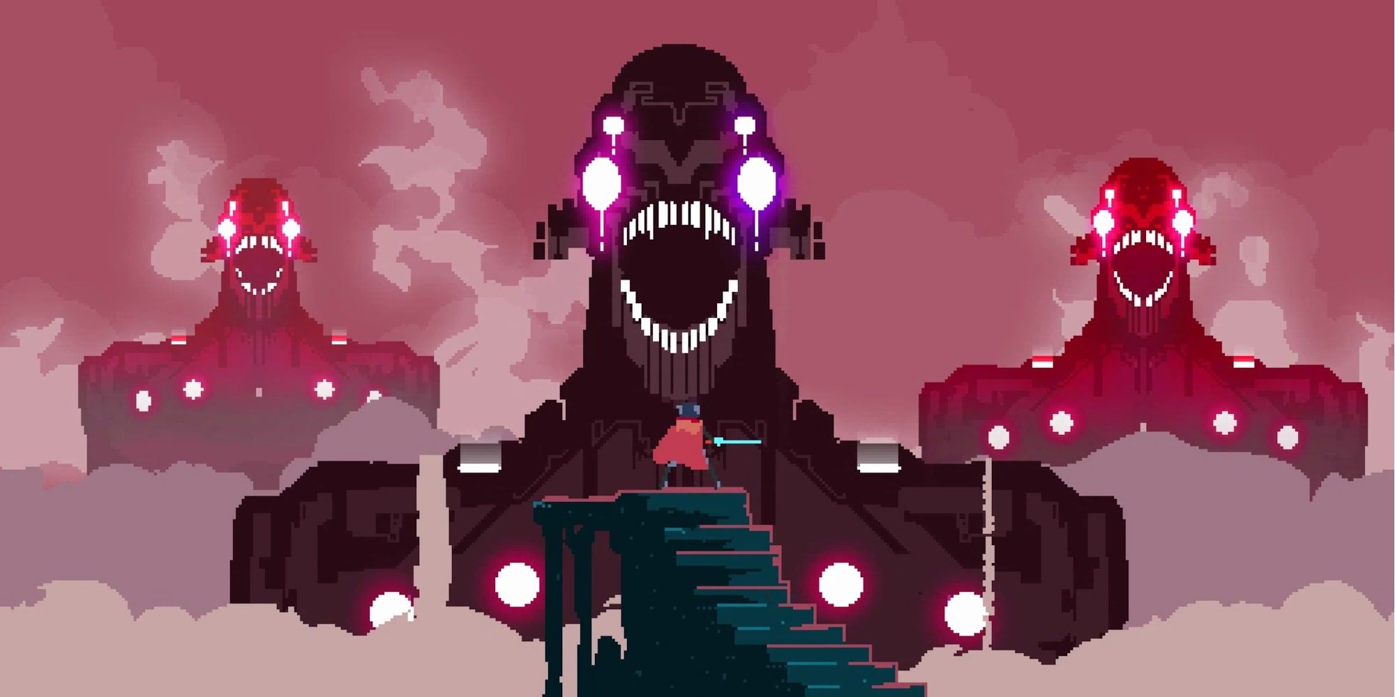 Hyper Light Drifter player with sword facing giant monsters
