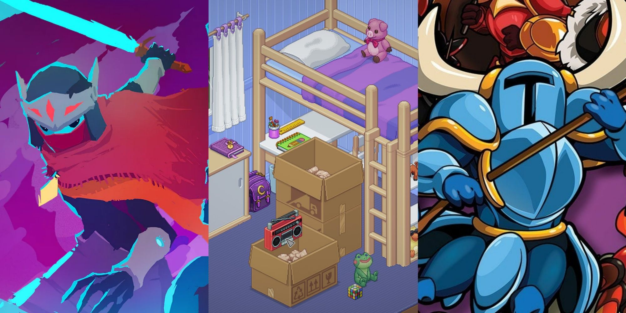 The protagonist of Hyper Light Drifter readying their sword, a child's bedroom in Unpacking, and the protagonist of Shovel Knight holding a shovel