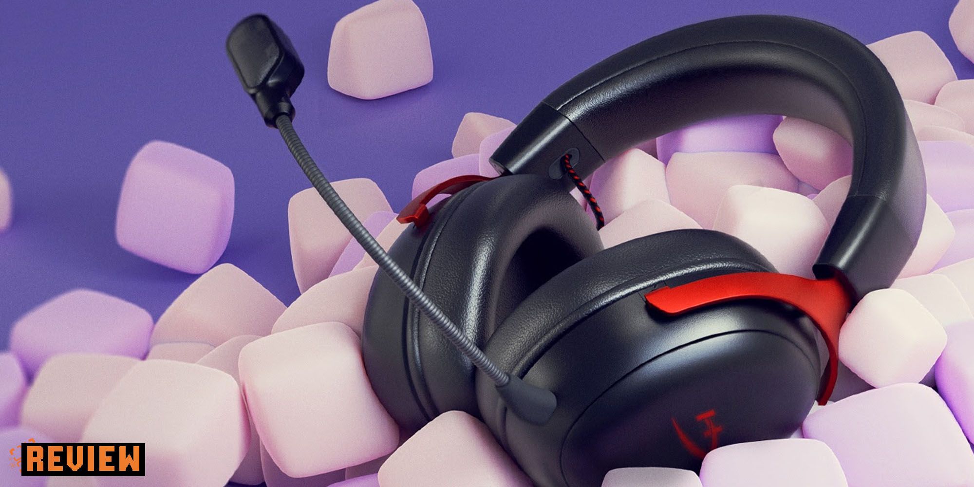 HyperX Cloud 3 headset in a bed of marshmallows with the word 'Review' in the bottom left corner