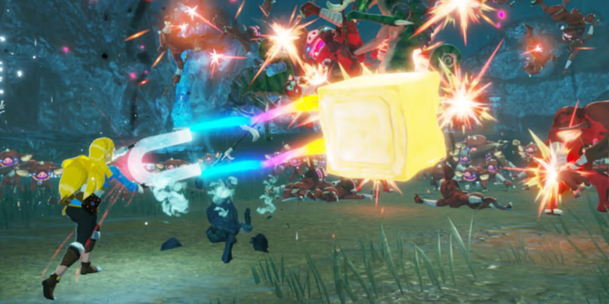 Zelda uses Magnesis to attack a group of Bokoblins