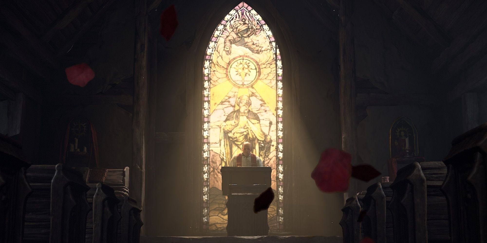 interior screenshot cutscene church with stained glass window and lecturn diablo 4