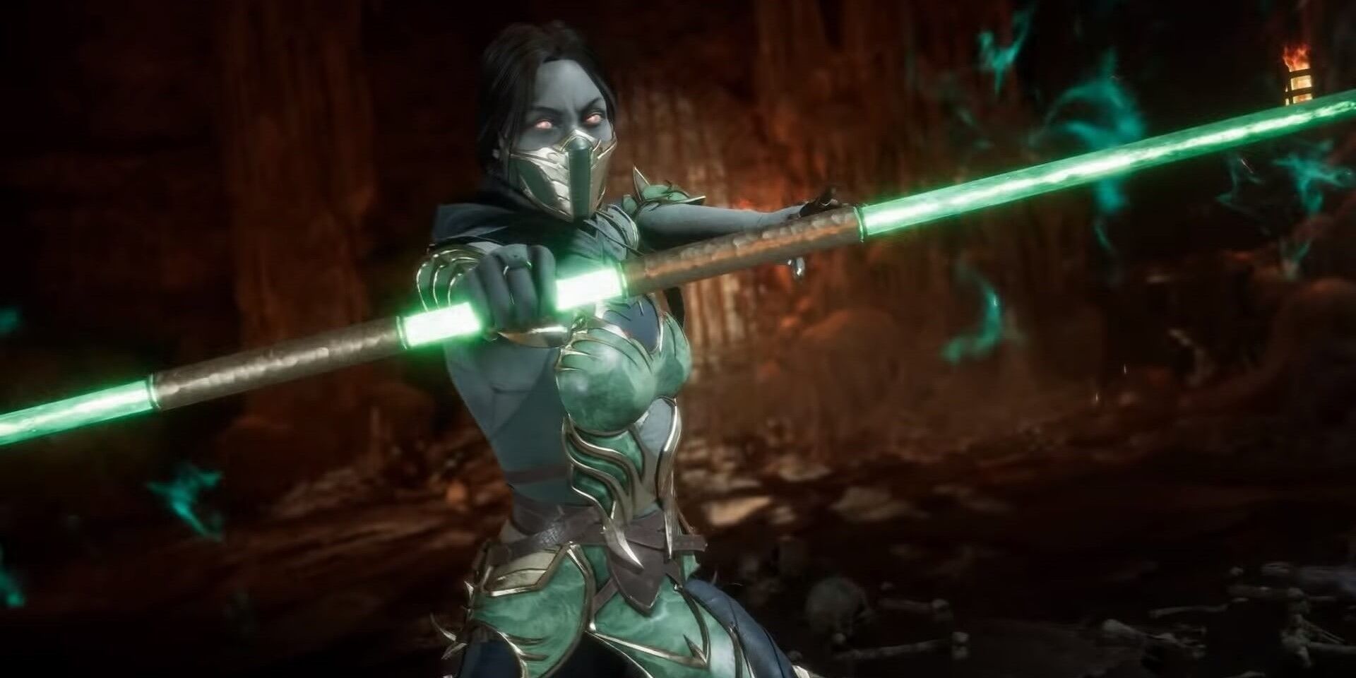 Jade wielding her staff in Mortal Kombat 11.