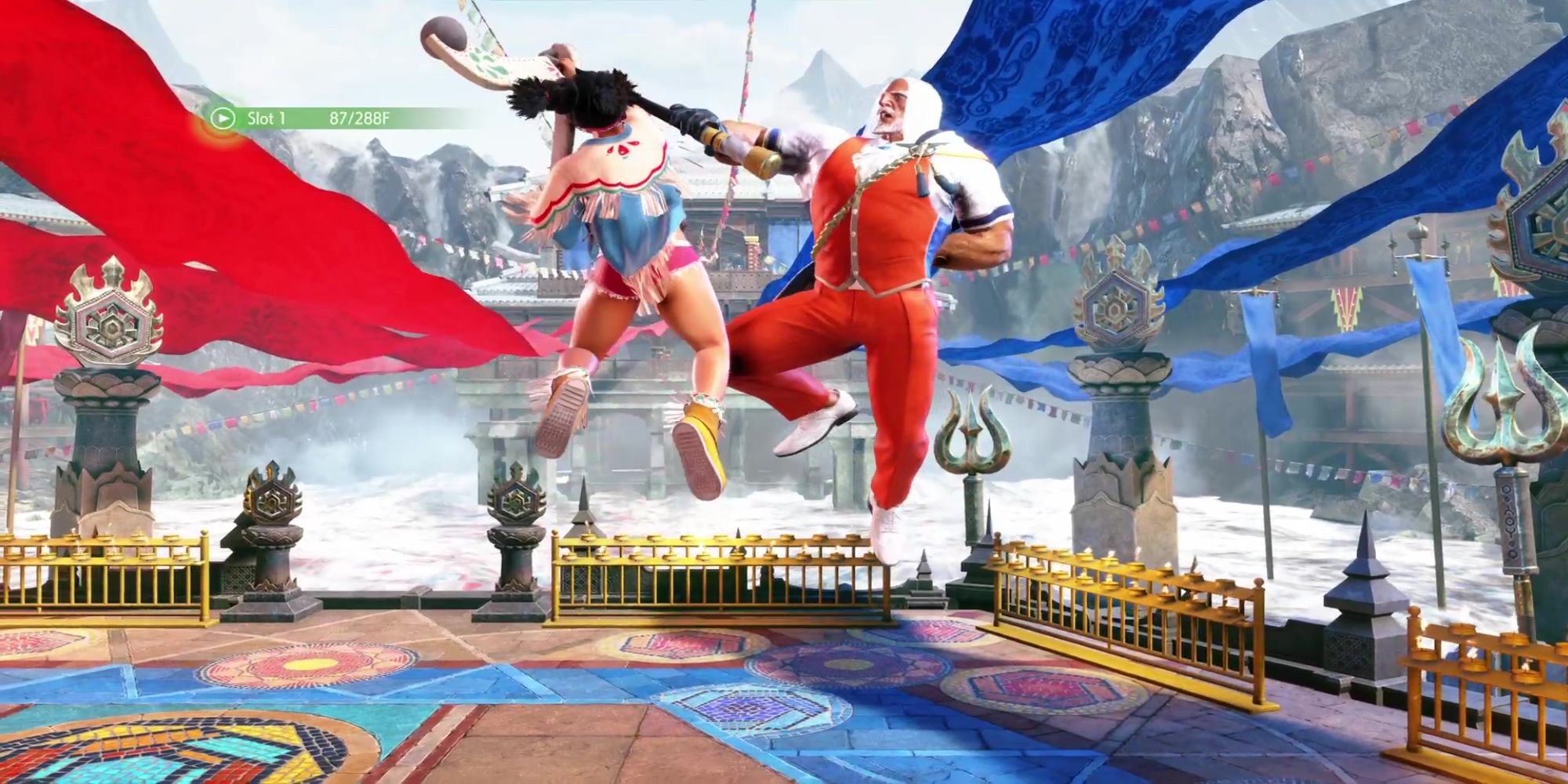 JP catches Lily with his staff during a battle at Suval'hal Arena in Street Fighter 6.
