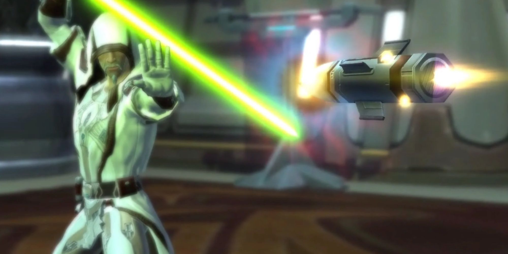 Jedi Master Jun Seros stopping a rocket, in Star Wars: The Old Republic