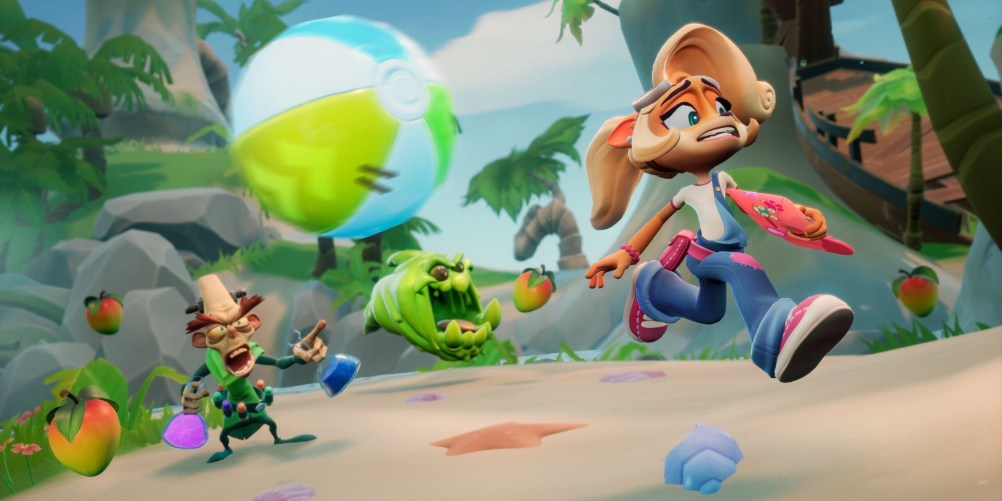 Coco running away from N. Brio and his Slime Monster, in Crash Team Rumble