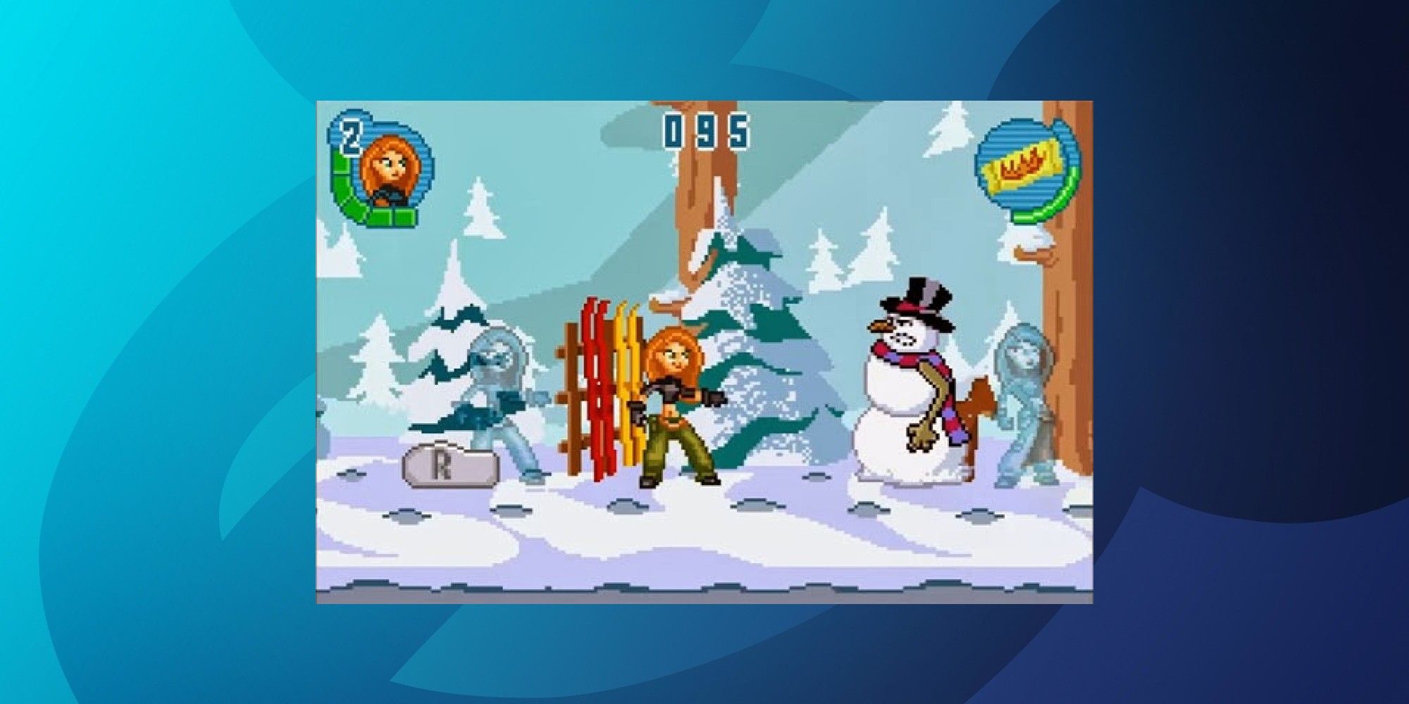 Kim Possible is standing in a snowy landscape facing an evil-looking snowman
