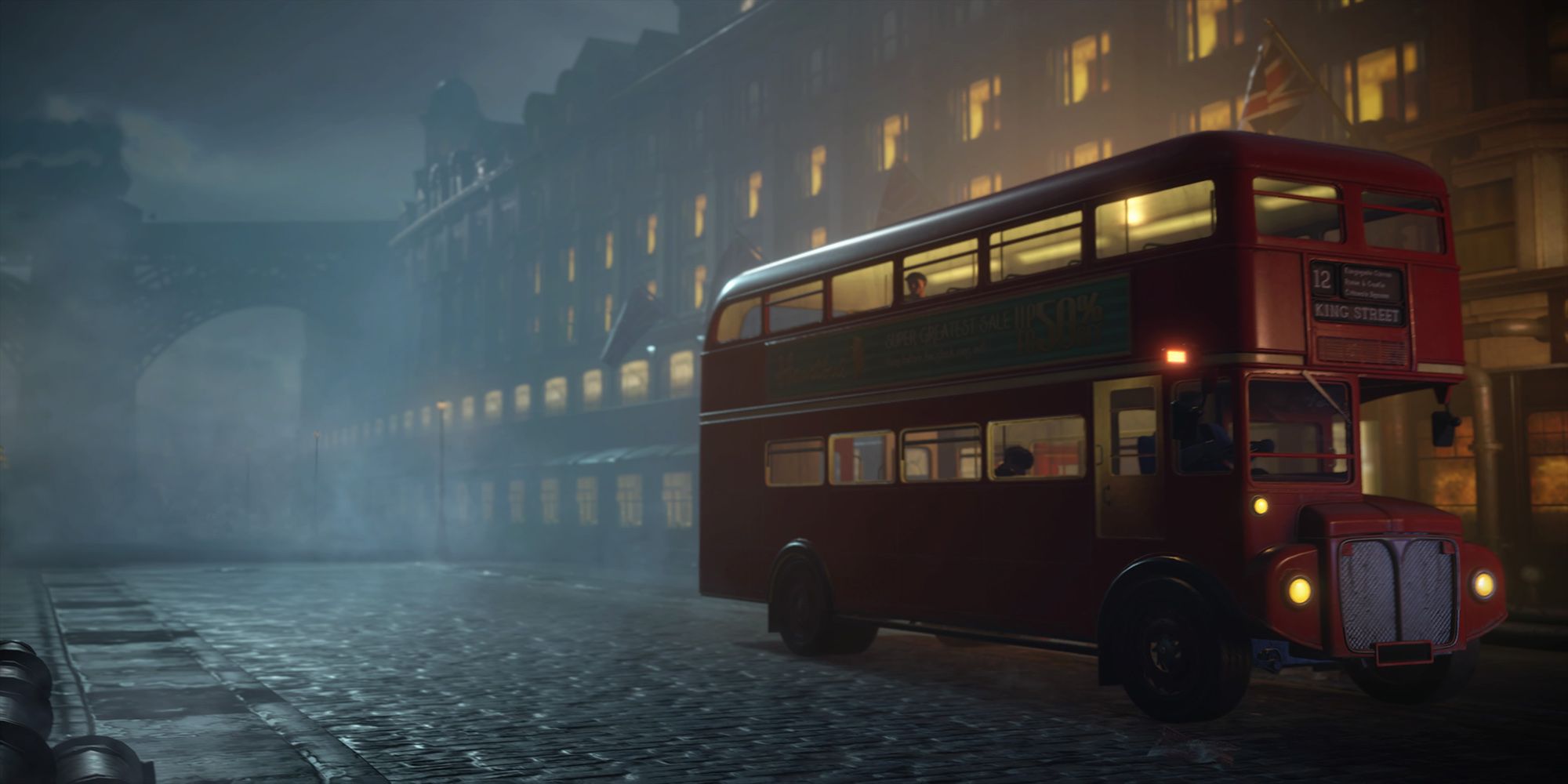In Street Fighter 6, a red bus drives down King Street on a dark and dreary night.