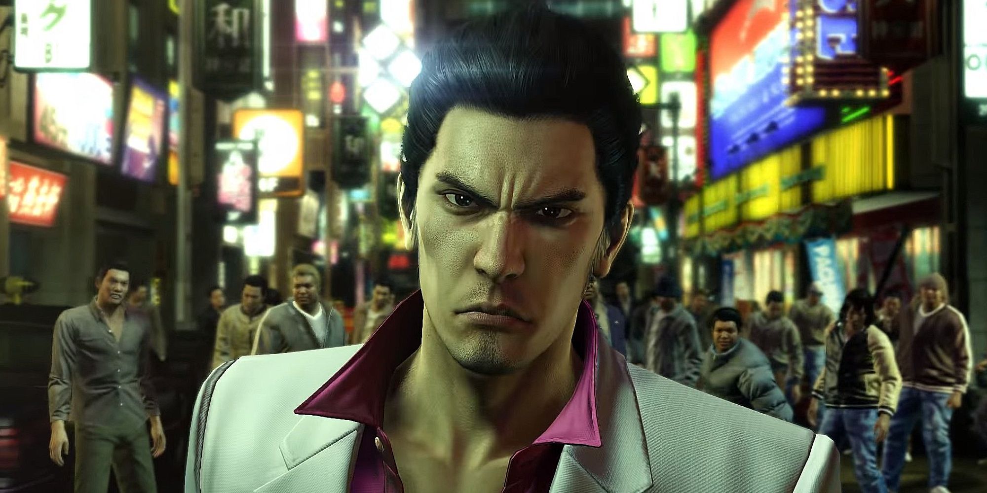 Kiryu Kazuma stares ahead as he is surrounded by numerous thugs in a street