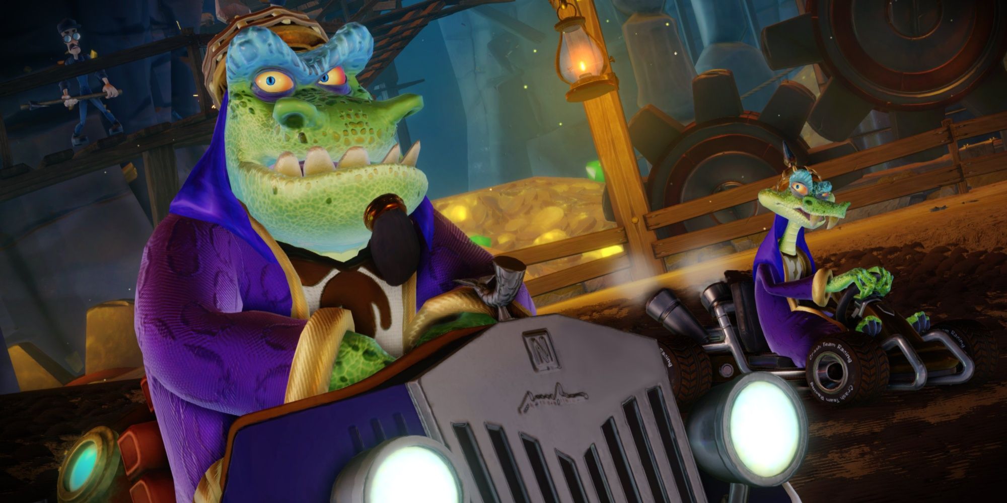 Komodo Moe in the front and Komodo Joe in the back, in Crash Team Racing: Nitro-Fueled