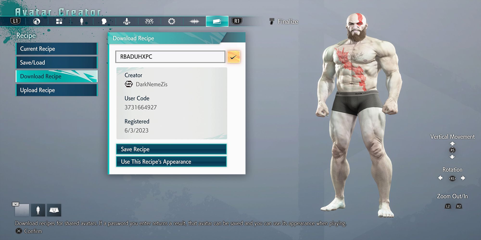 An avatar recipe modeled after God Of War's Kratos, made by Dark NemeZis for Street Fighter 6.