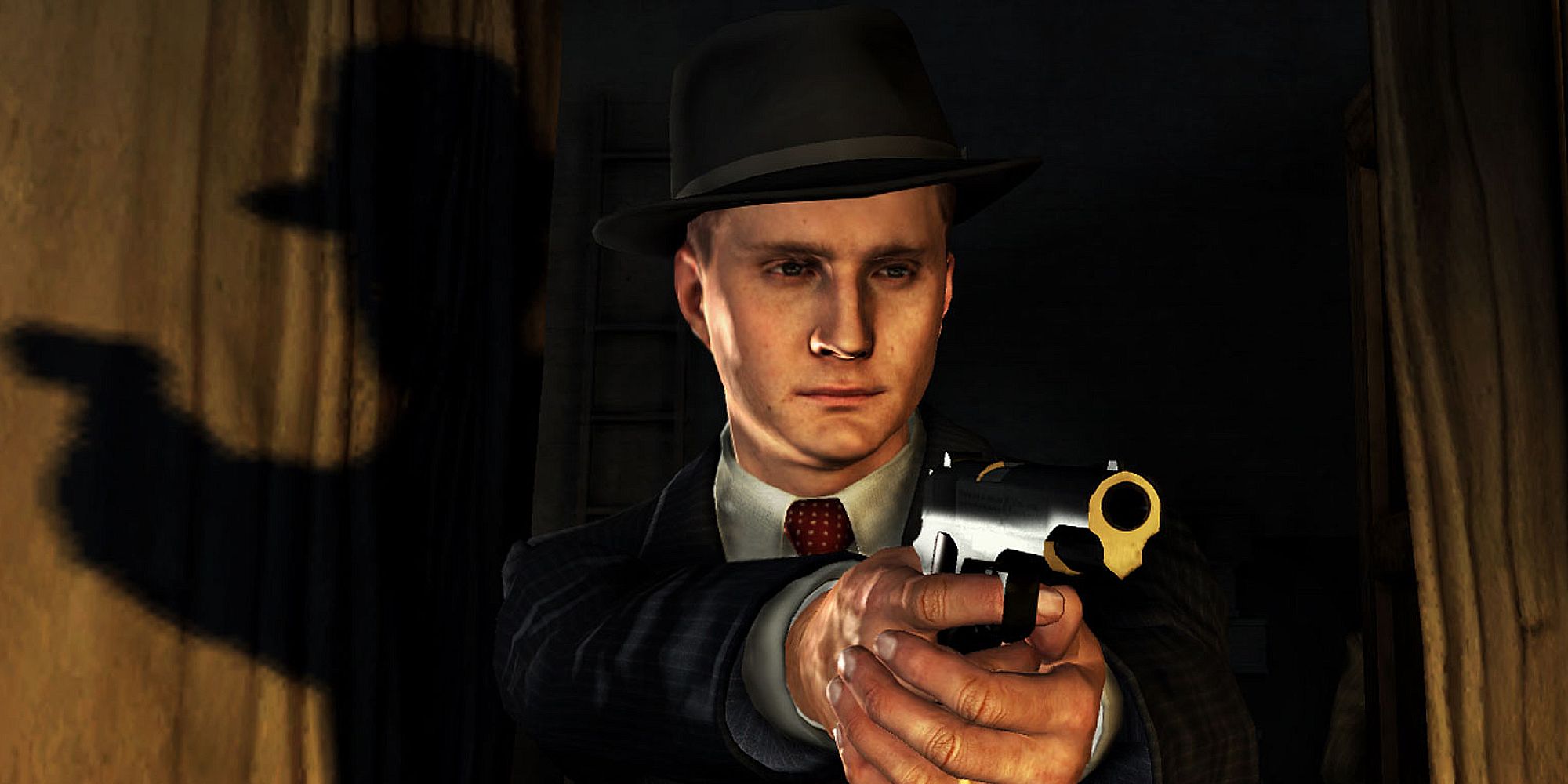 Cole Phelps inspecting a dark room as he holds out his gun in LA Noire